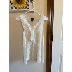 Vintage Y2K Rue 21 Ivory Lace Ruffle Bow Neck Tank Top Sz L Coquette Twee Fem